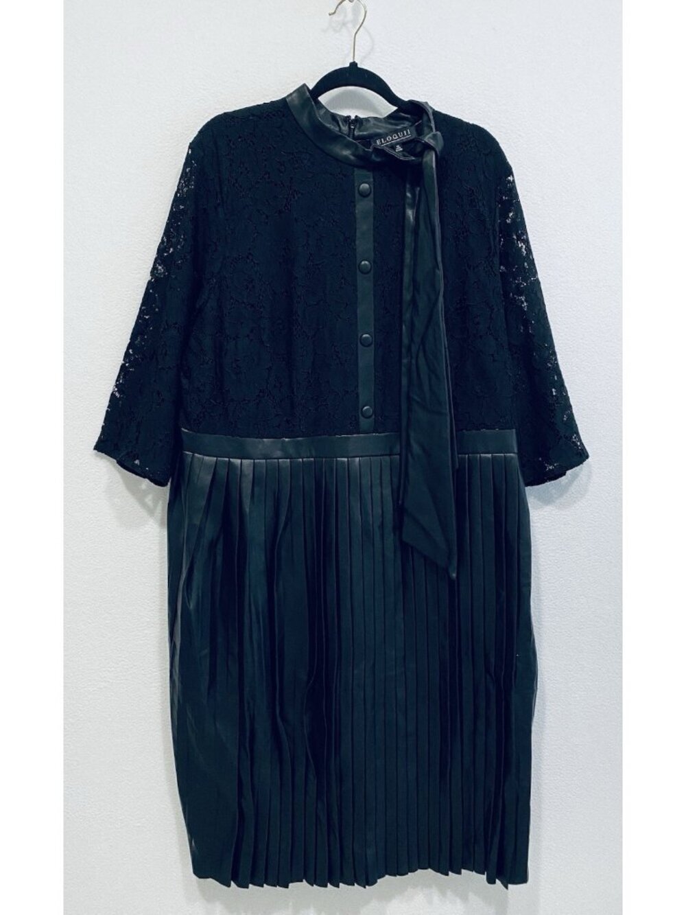 Eloquii Dress Womens 20 Black Lace Faux Leather Pleated Bow Whimsigoth Holiday - Picture 2 of 8